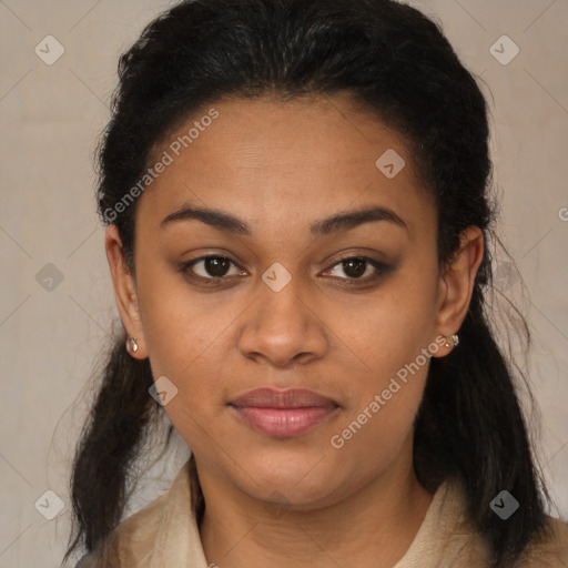 Joyful latino young-adult female with long  brown hair and brown eyes