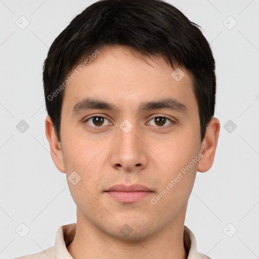 Neutral white young-adult male with short  brown hair and brown eyes