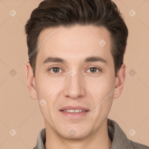 Joyful white young-adult male with short  brown hair and brown eyes