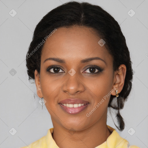 Joyful black young-adult female with medium  brown hair and brown eyes