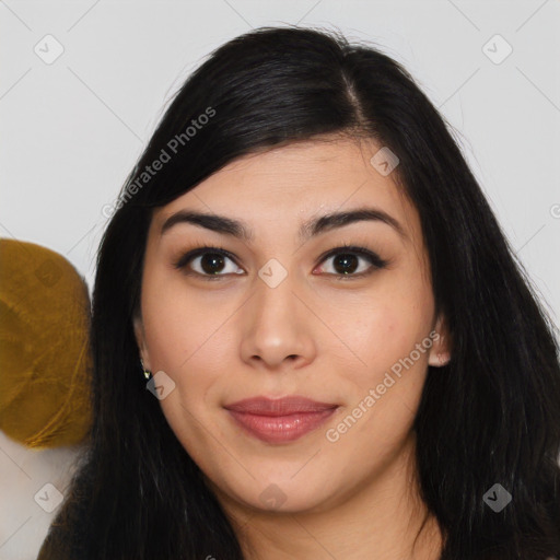 Joyful asian young-adult female with long  black hair and brown eyes