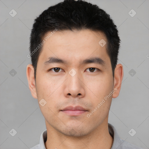 Neutral asian young-adult male with short  black hair and brown eyes