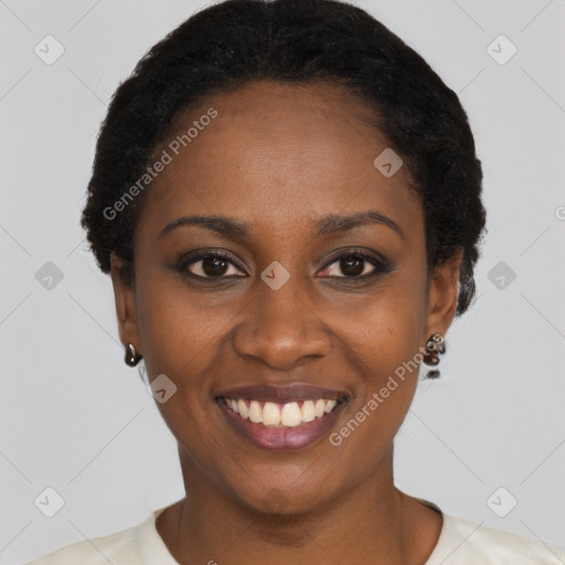 Joyful latino young-adult female with short  black hair and brown eyes