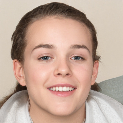 Joyful white young-adult female with medium  brown hair and blue eyes