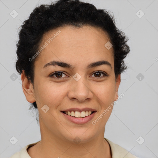 Joyful latino young-adult female with short  brown hair and brown eyes