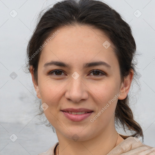 Joyful white young-adult female with medium  brown hair and brown eyes