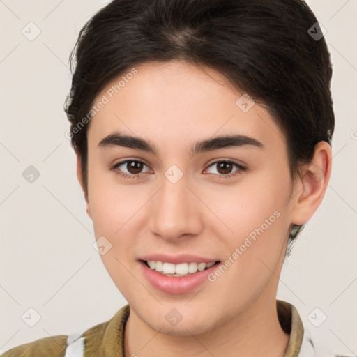 Joyful white young-adult female with medium  brown hair and brown eyes