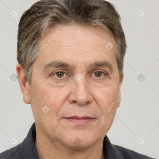 Joyful white middle-aged male with short  brown hair and brown eyes