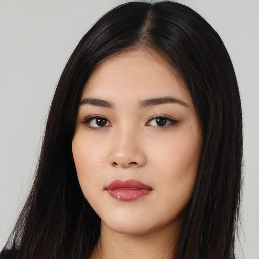 Neutral asian young-adult female with long  black hair and brown eyes