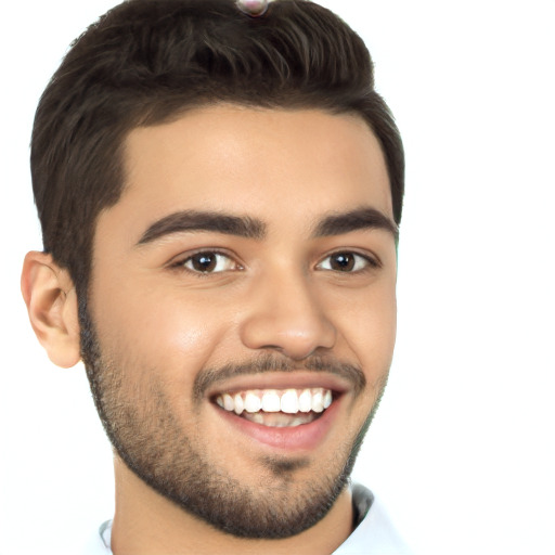 Joyful white young-adult male with short  black hair and brown eyes
