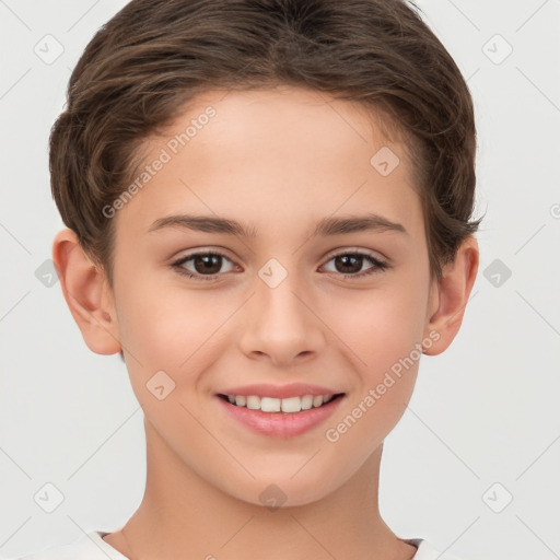 Joyful white child female with short  brown hair and brown eyes