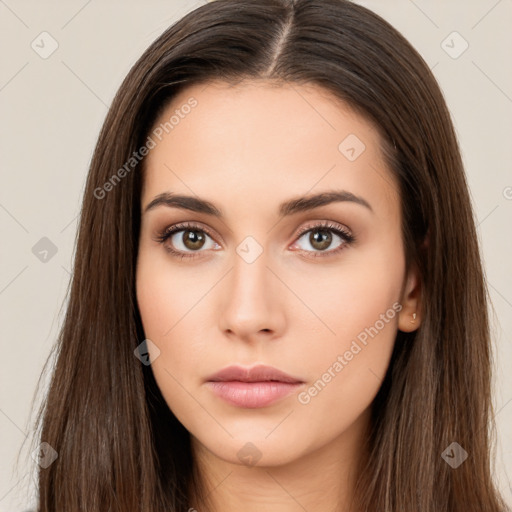 Neutral white young-adult female with long  brown hair and brown eyes