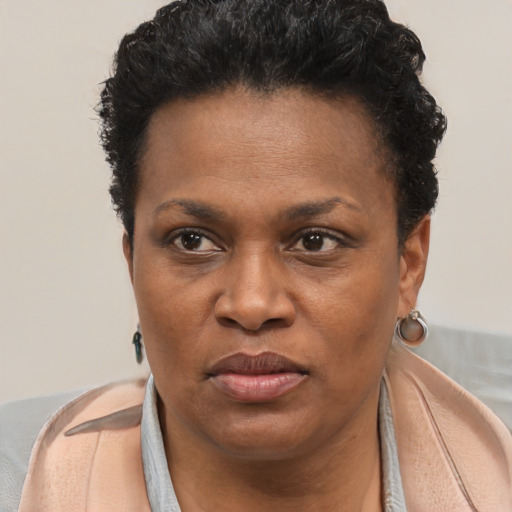 Joyful black adult female with short  brown hair and brown eyes