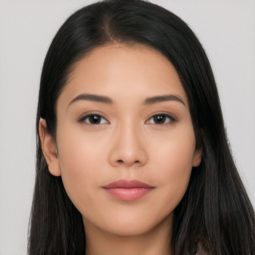 Neutral asian young-adult female with long  black hair and brown eyes