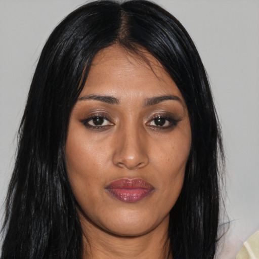 Joyful asian young-adult female with long  black hair and brown eyes