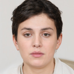 Neutral white young-adult female with short  brown hair and brown eyes