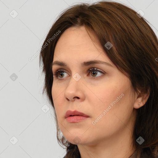 Neutral white young-adult female with medium  brown hair and brown eyes