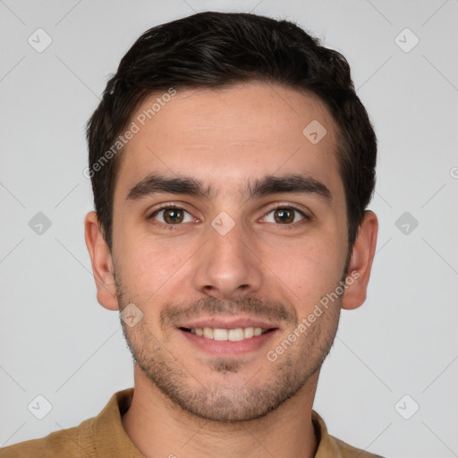 Joyful white young-adult male with short  brown hair and brown eyes