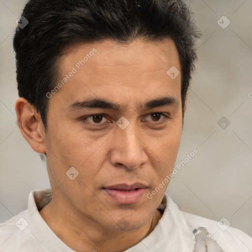 Neutral asian adult male with short  brown hair and brown eyes