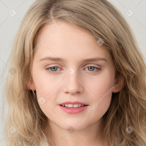 Joyful white young-adult female with long  brown hair and grey eyes