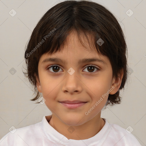 Joyful white child female with medium  brown hair and brown eyes