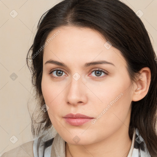 Neutral white young-adult female with medium  brown hair and brown eyes