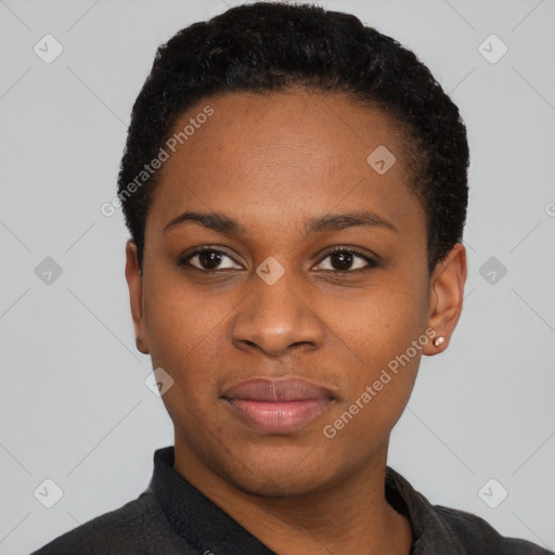 Joyful black young-adult female with short  black hair and brown eyes