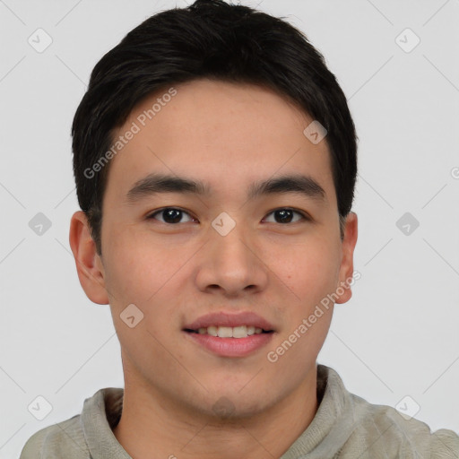 Joyful asian young-adult male with short  black hair and brown eyes