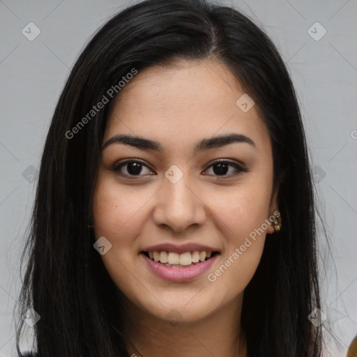 Joyful latino young-adult female with long  brown hair and brown eyes