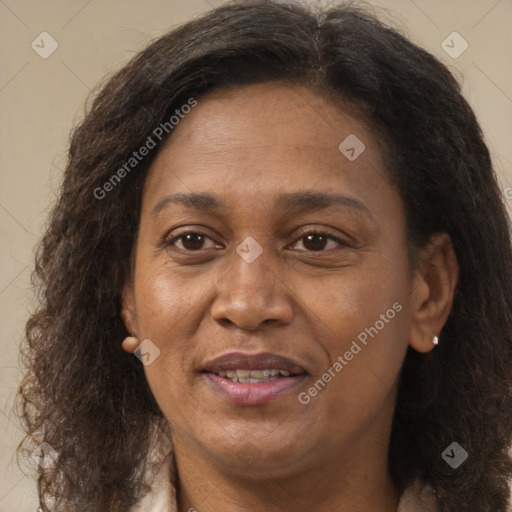 Joyful white adult female with long  brown hair and brown eyes