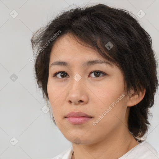 Neutral white young-adult female with medium  brown hair and brown eyes