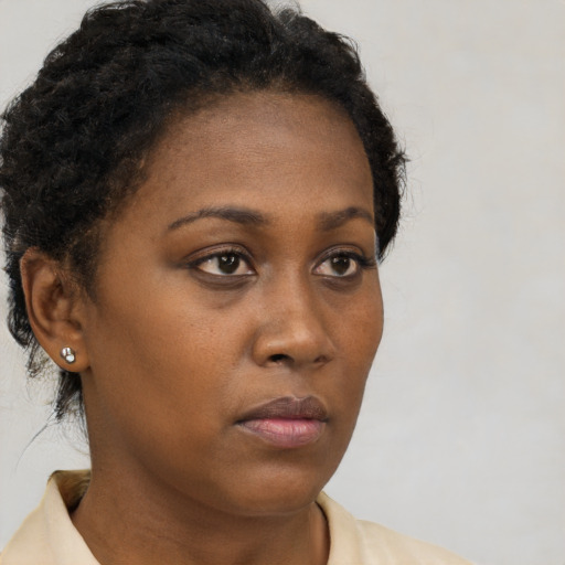 Neutral black young-adult female with short  brown hair and brown eyes