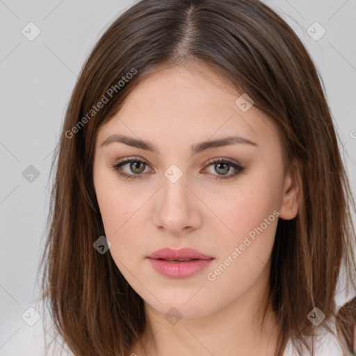 Neutral white young-adult female with medium  brown hair and brown eyes