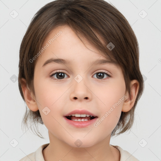 Joyful white child female with medium  brown hair and brown eyes