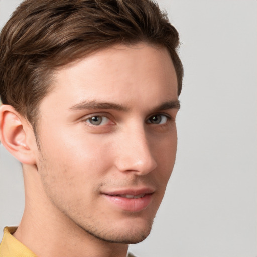 Neutral white young-adult male with short  brown hair and grey eyes