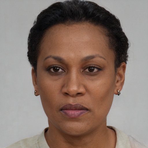 Neutral black young-adult female with short  brown hair and brown eyes
