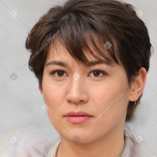 Neutral white young-adult female with medium  brown hair and brown eyes