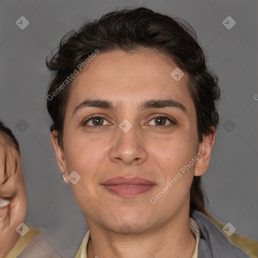 Joyful white adult female with short  brown hair and brown eyes