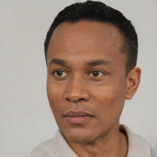 Joyful black young-adult male with short  black hair and brown eyes