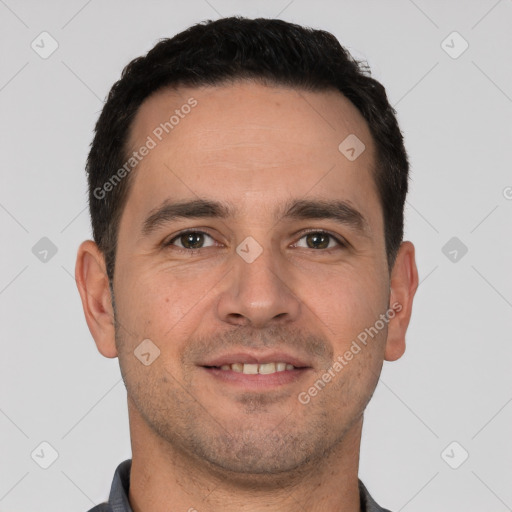 Joyful white young-adult male with short  brown hair and brown eyes