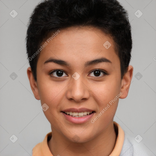 Joyful latino young-adult female with short  black hair and brown eyes