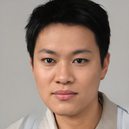 Neutral asian young-adult male with short  black hair and brown eyes