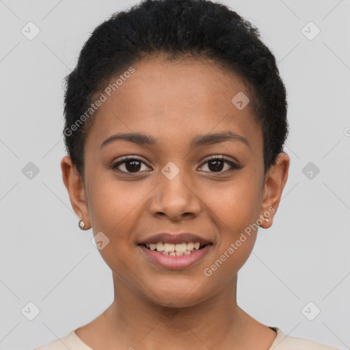 Joyful latino young-adult female with short  brown hair and brown eyes