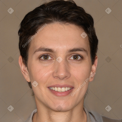 Joyful white young-adult female with short  brown hair and brown eyes