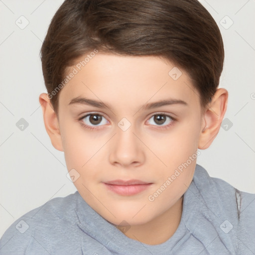 Joyful white child female with short  brown hair and brown eyes