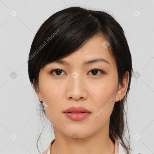 Neutral asian young-adult female with medium  brown hair and brown eyes