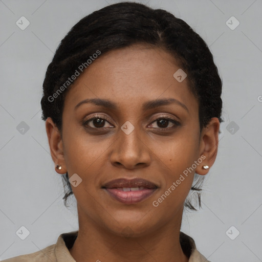 Joyful latino young-adult female with short  brown hair and brown eyes