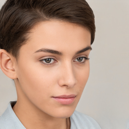 Neutral white young-adult female with short  brown hair and brown eyes