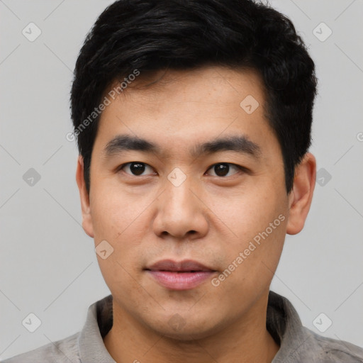 Neutral asian young-adult male with short  black hair and brown eyes