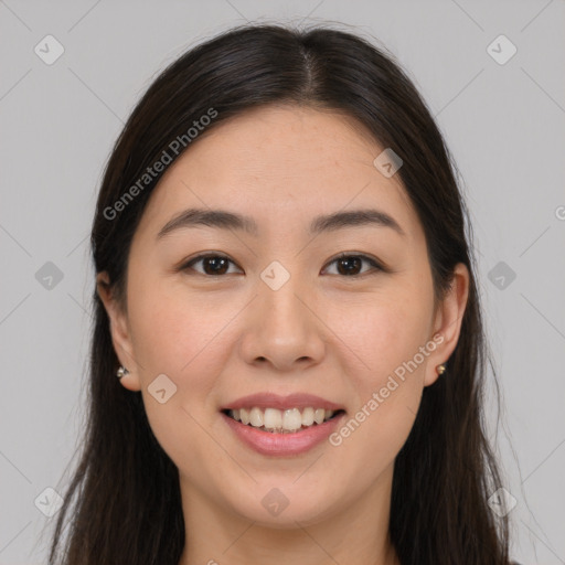 Joyful white young-adult female with long  brown hair and brown eyes